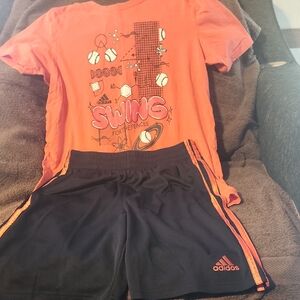 adidas Orange Graphic Tee with Black Shorts